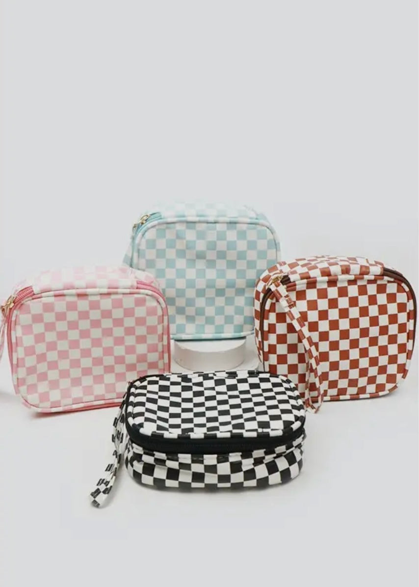 checkered travel makeup bag Square Checkered Cosmetic Travel Bags – The Collective Redlands
