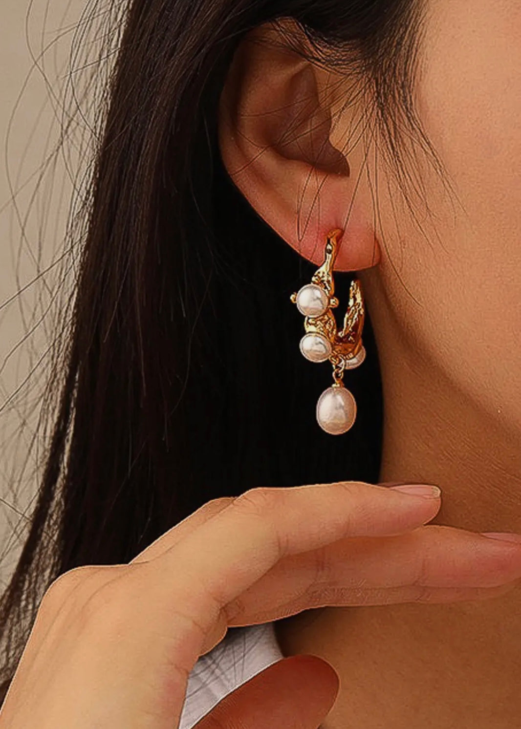 Helios 18K Gold C-Hoop Dangling Natural Pearl Hoop Earring