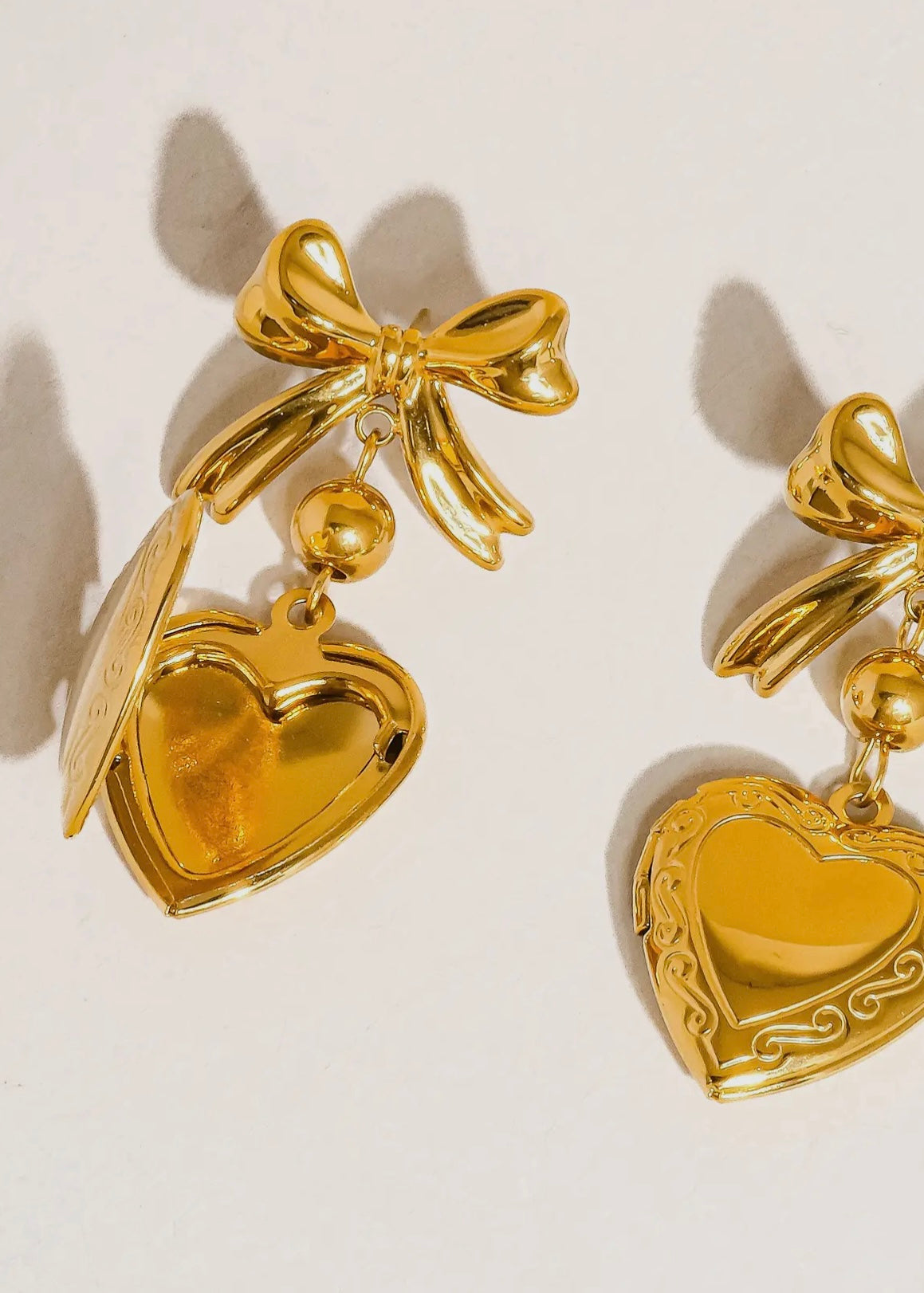 Keryn 18K Non-Tarnish Heart and Bow Locket Earring