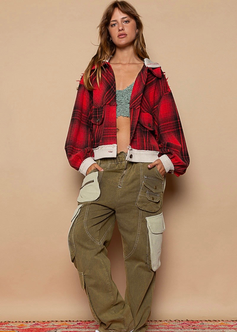 Never Plaid It So Well Cropped Shacket in Candy Apple Red