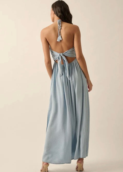 Blue Bayou Denim Halter Maxi Dress