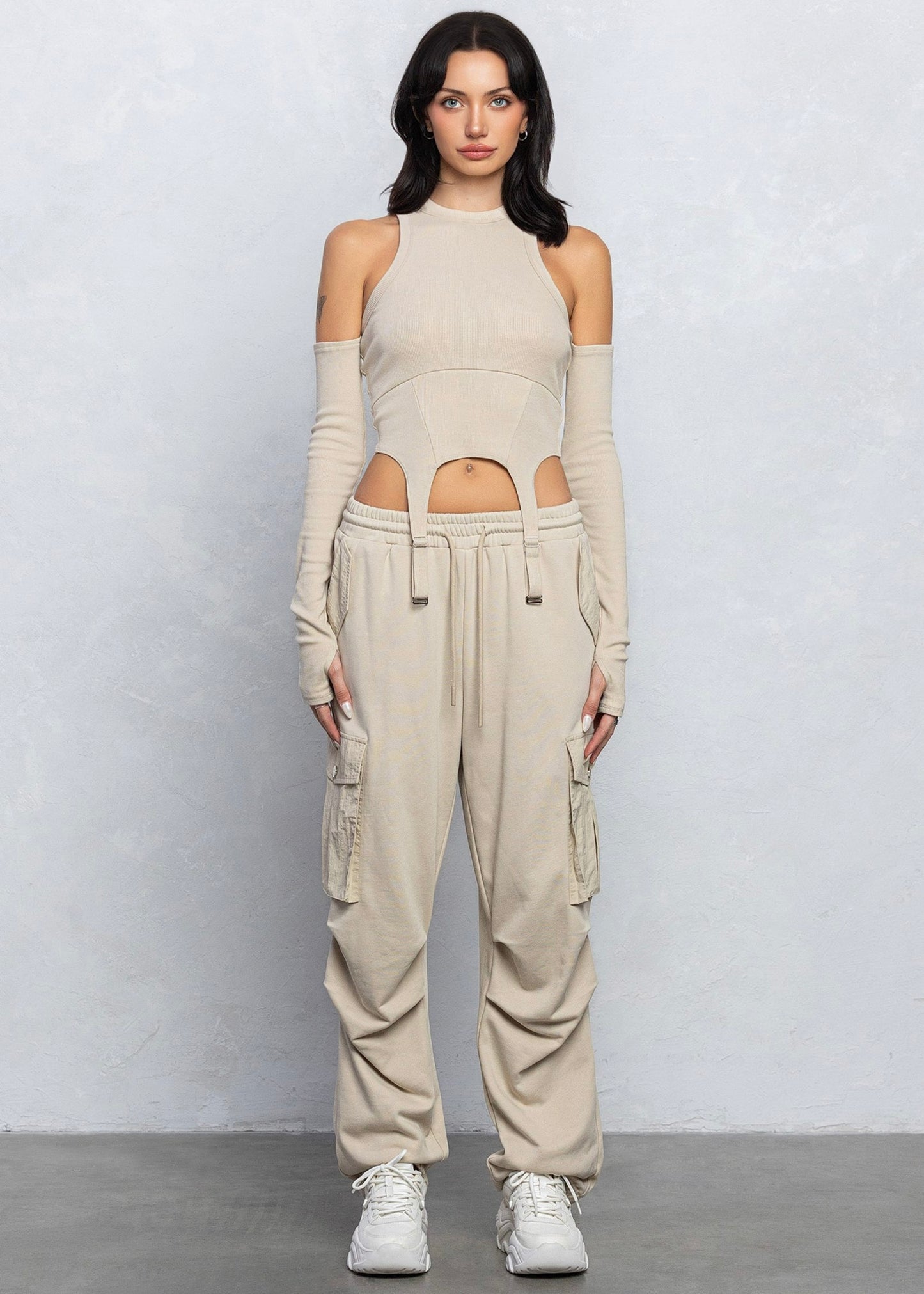 French Terry Cargo Jogger Pants in Beige