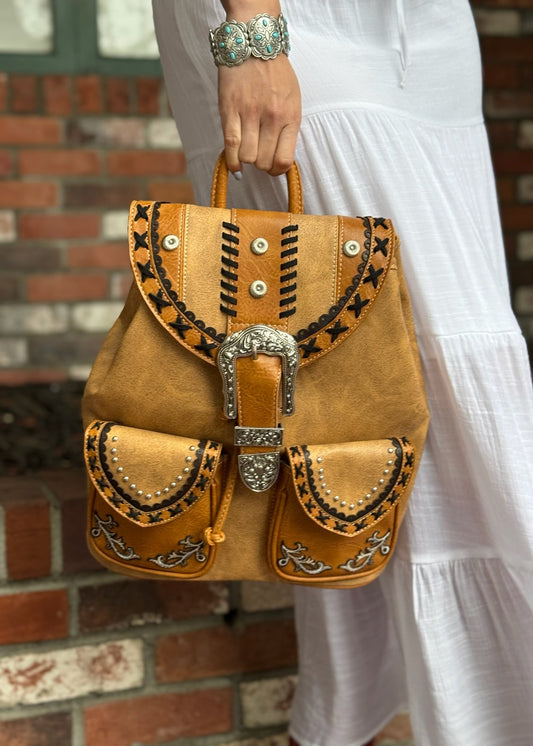 Western Leather Buckle Backpack