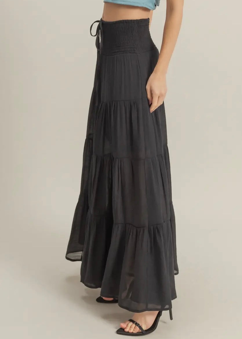 Midnight Trail Tiered Maxi Skirt in Black