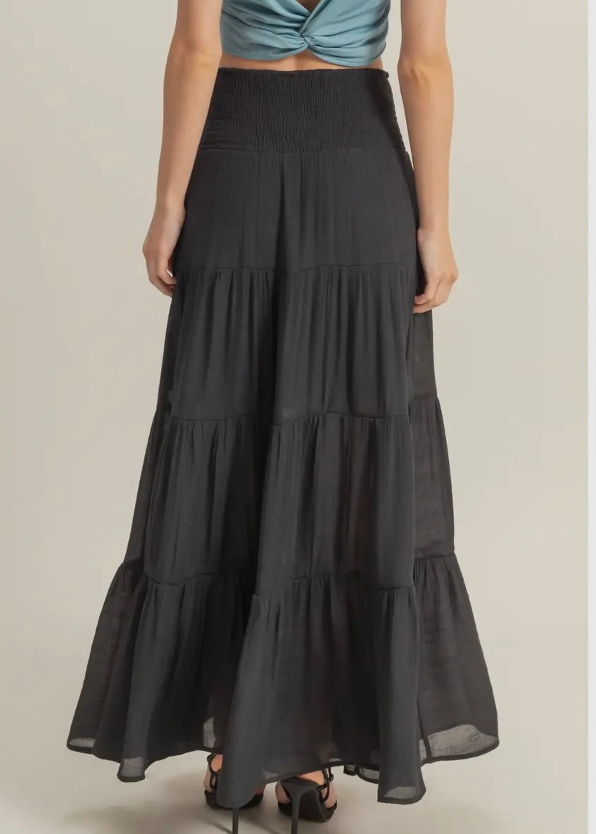 Midnight Trail Tiered Maxi Skirt in Black
