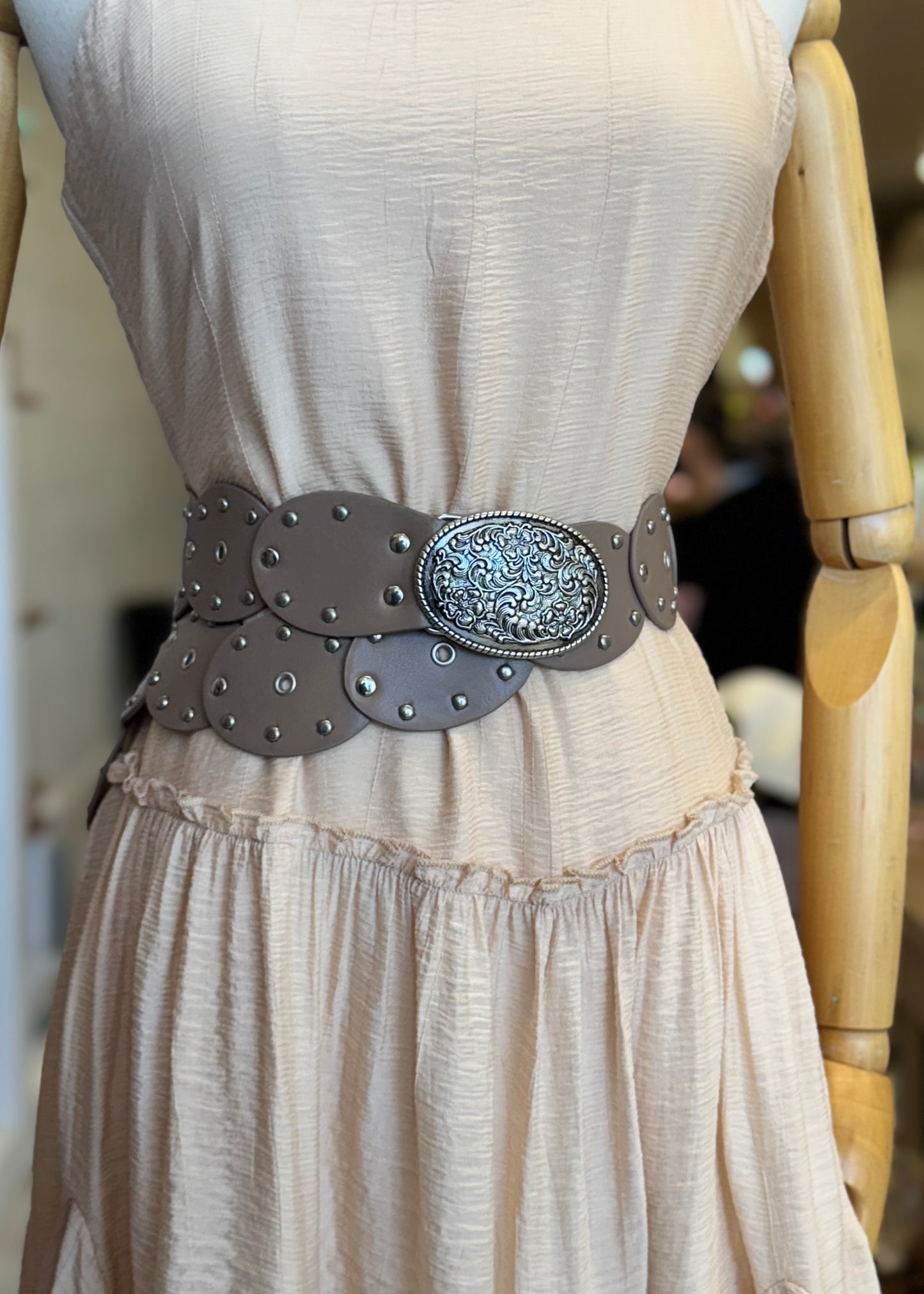 Country Roads Embossed Faux Leather Belt in Khaki
