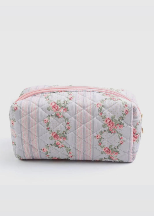 Blossom Elegance Quilted Floral Cosmetic Bag in Pink & Blue