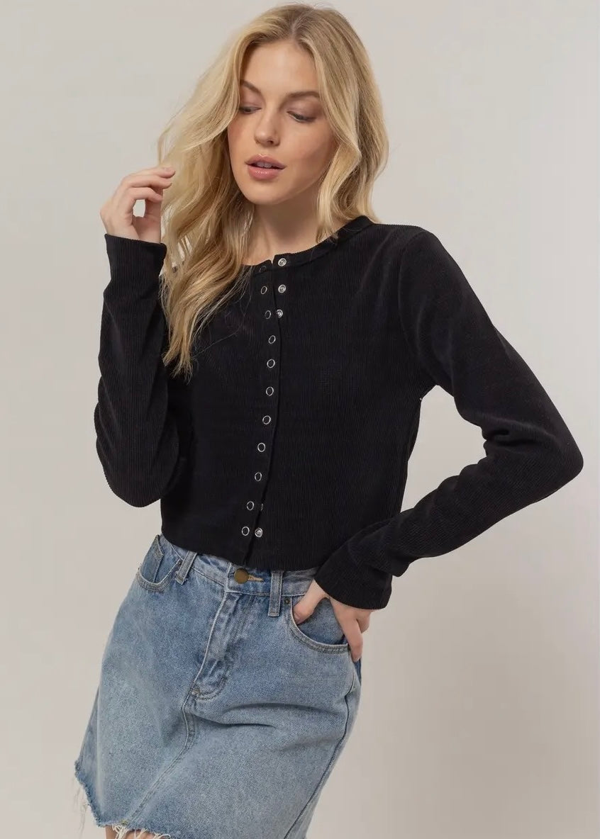 After Hours Button Down Ribbed Top in Onyx