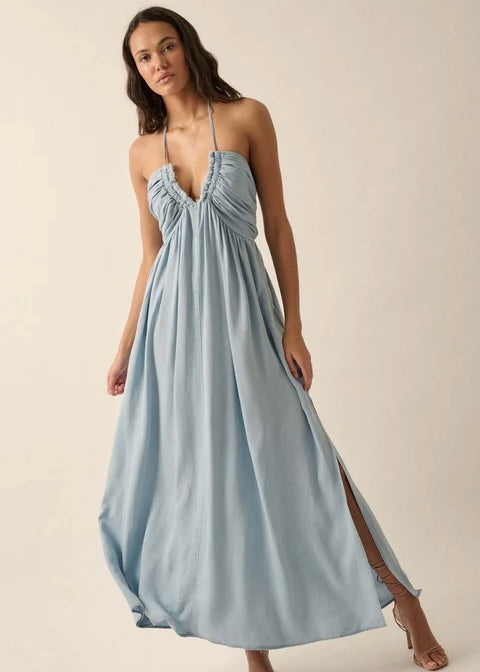 Blue Bayou Denim Halter Maxi Dress