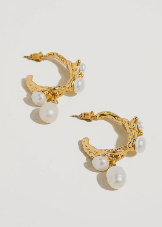 Helios 18K Gold C-Hoop Dangling Natural Pearl Hoop Earring