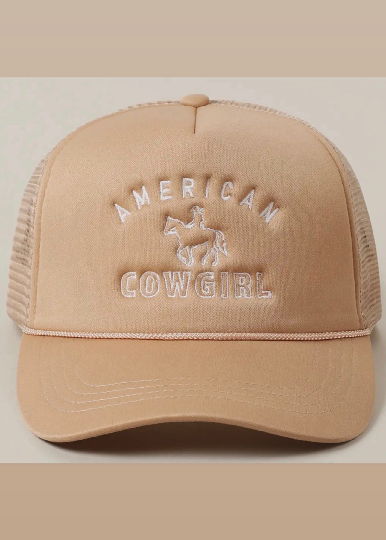 American Cowgirl Embroidery Trucker Hat in Latte