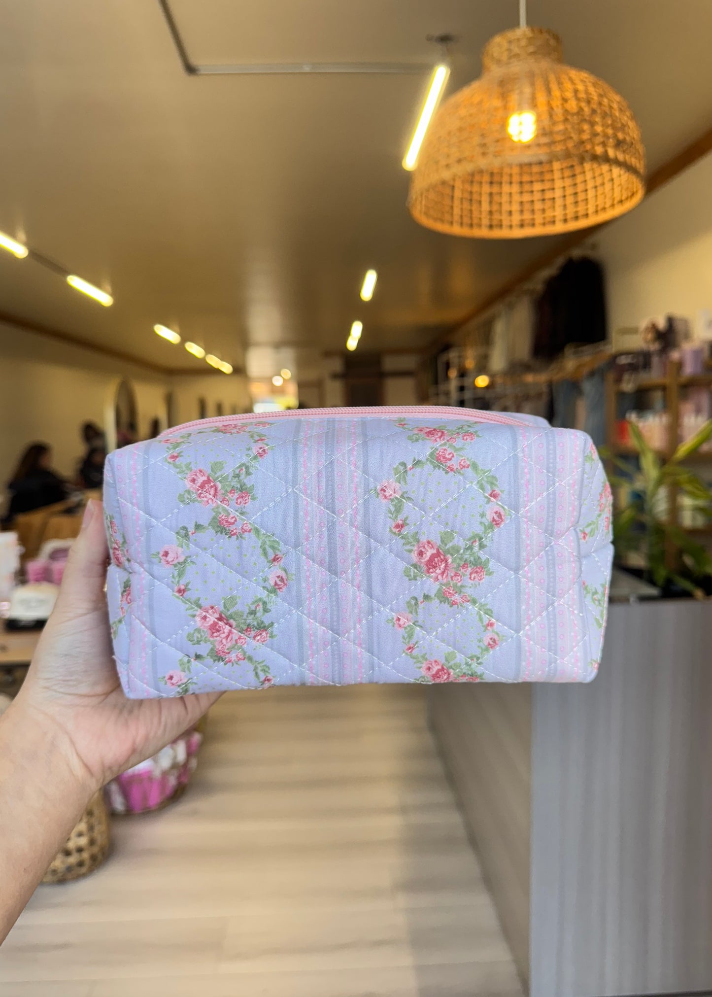 Blossom Elegance Quilted Floral Cosmetic Bag in Pink & Blue