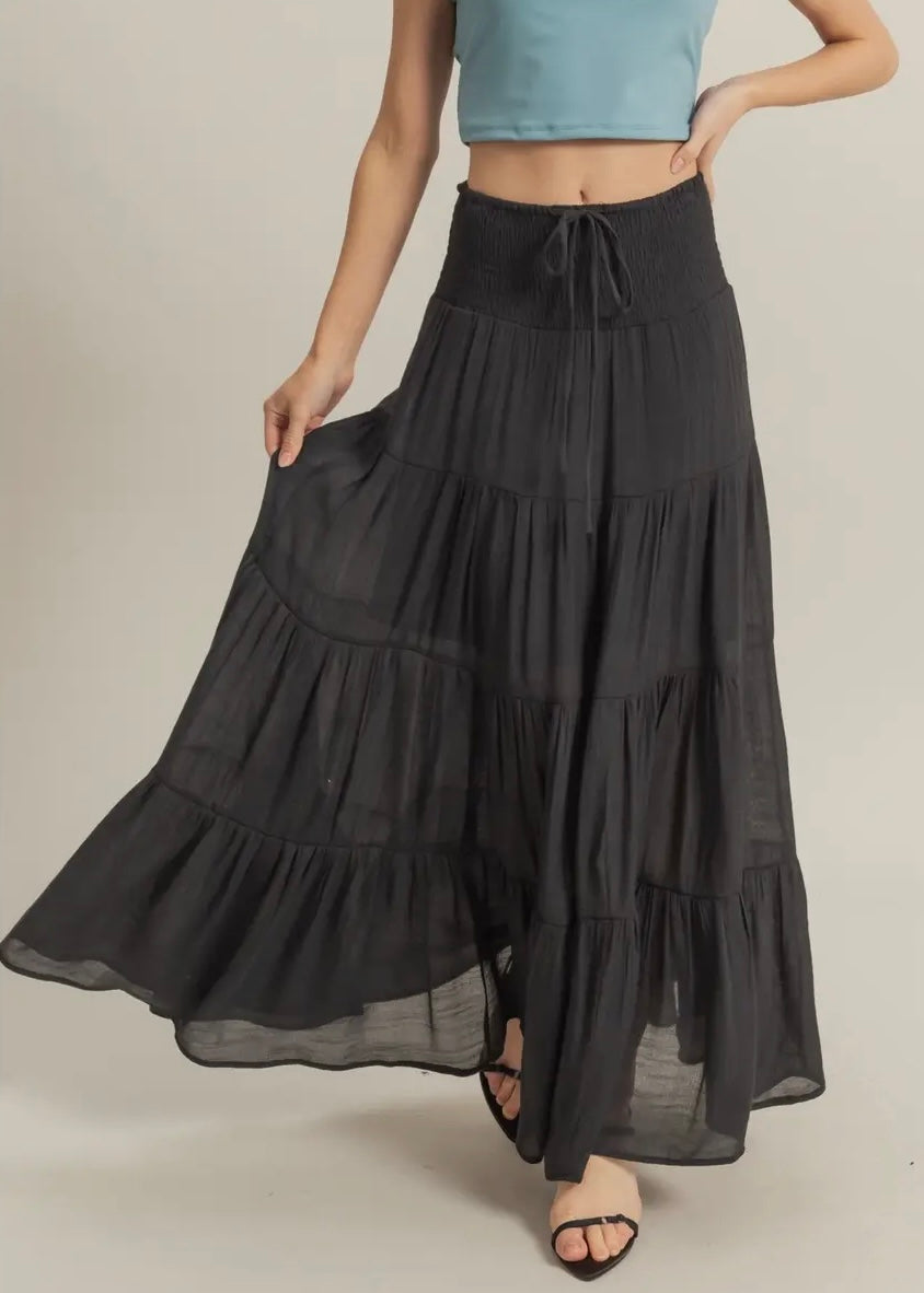 Midnight Trail Tiered Maxi Skirt in Black