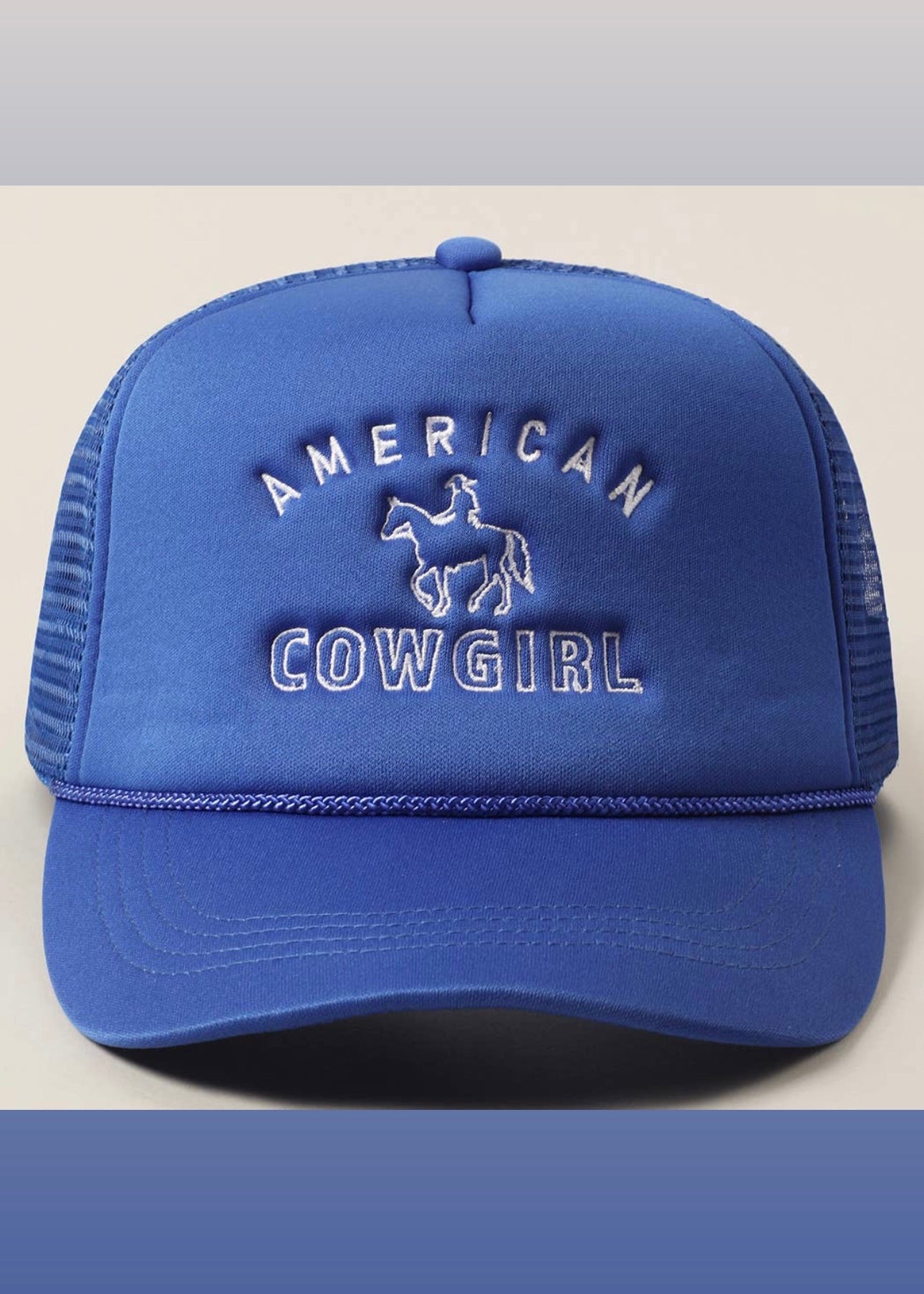 American Cowgirl Embroidery Trucker Hat in Royal Blue