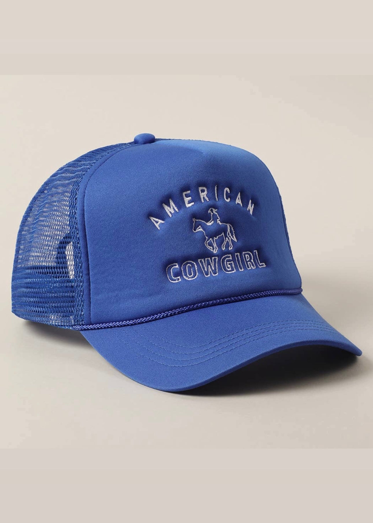 American Cowgirl Embroidery Trucker Hat in Royal Blue