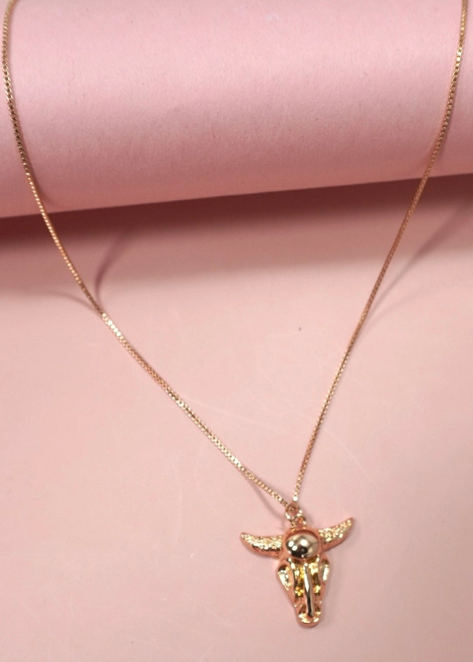 Gold Bull Head Charm Necklace