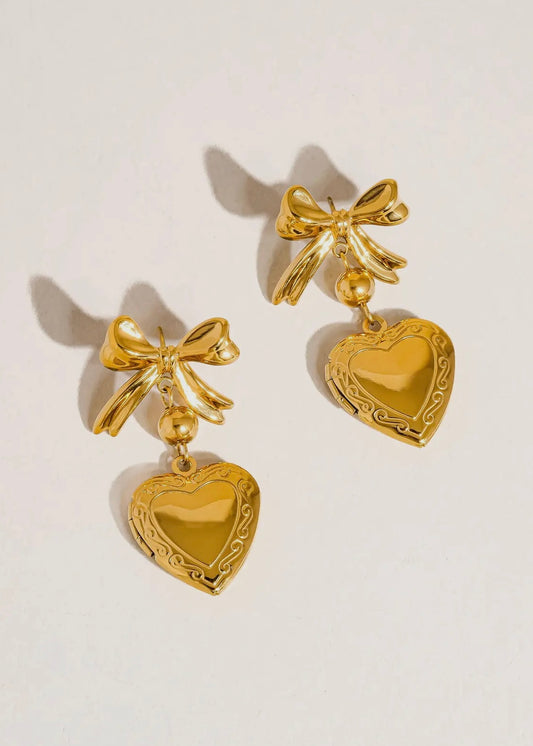 Keryn 18K Non-Tarnish Heart and Bow Locket Earring