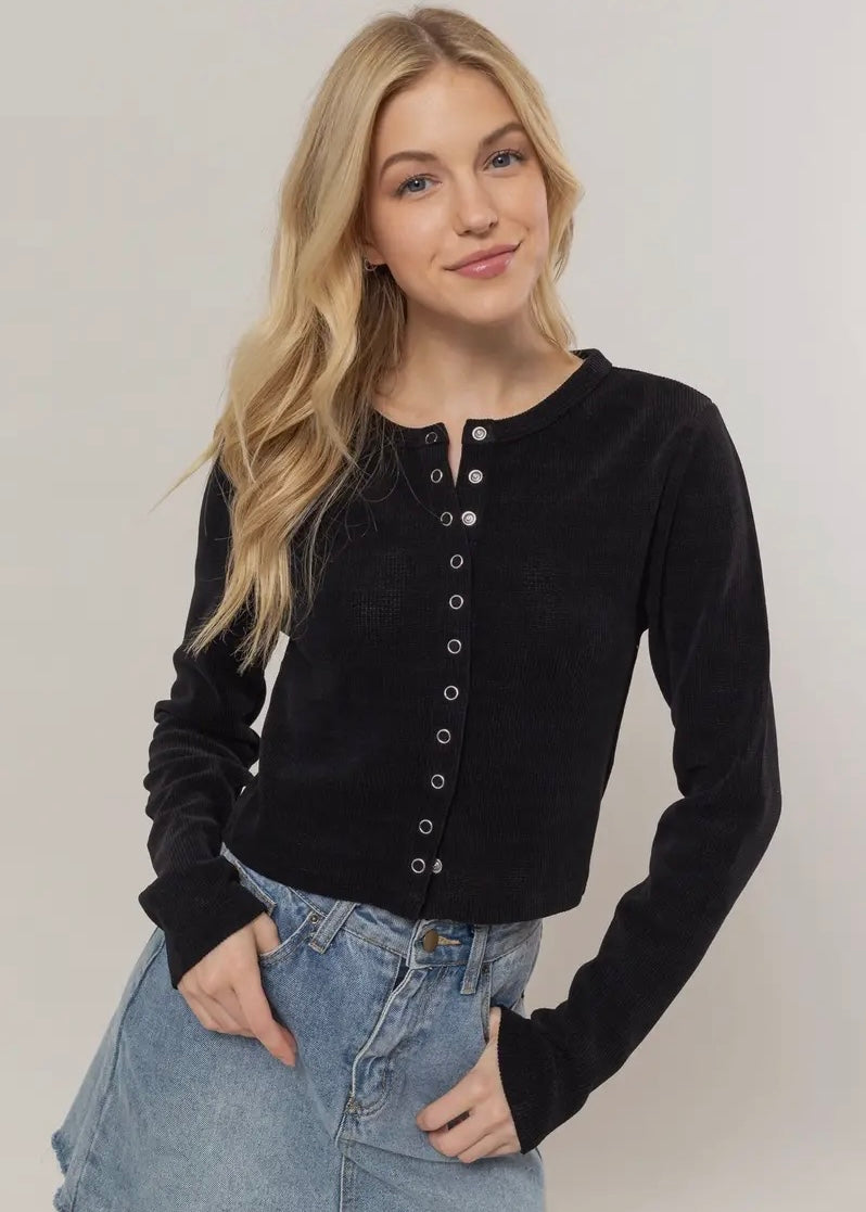 After Hours Button Down Ribbed Top in Onyx