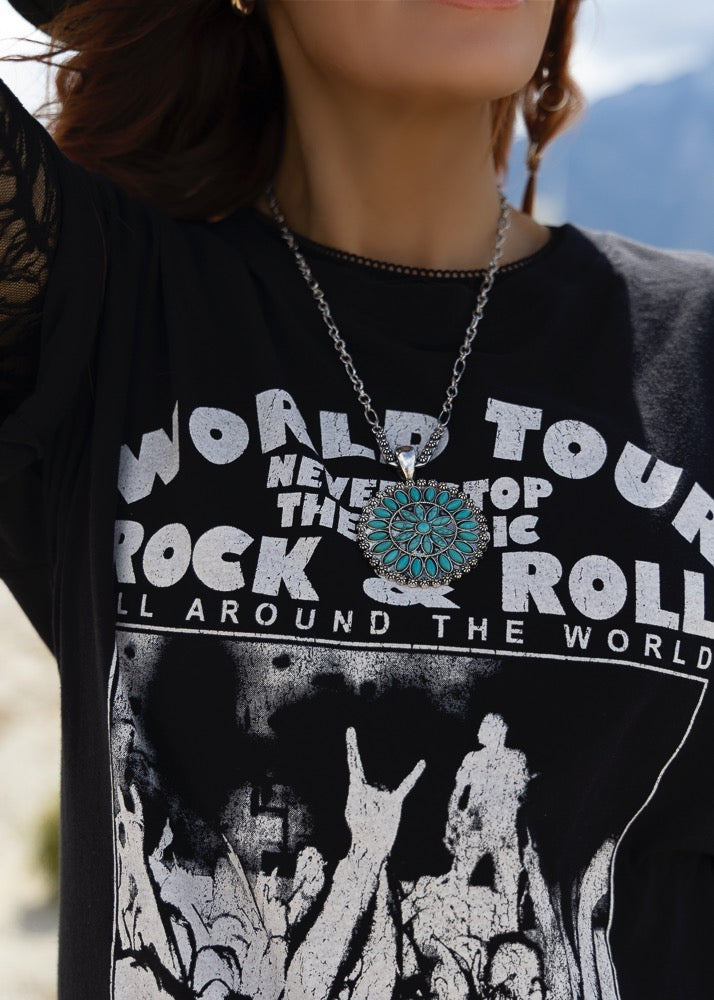 closeup of graphic on oversized tee