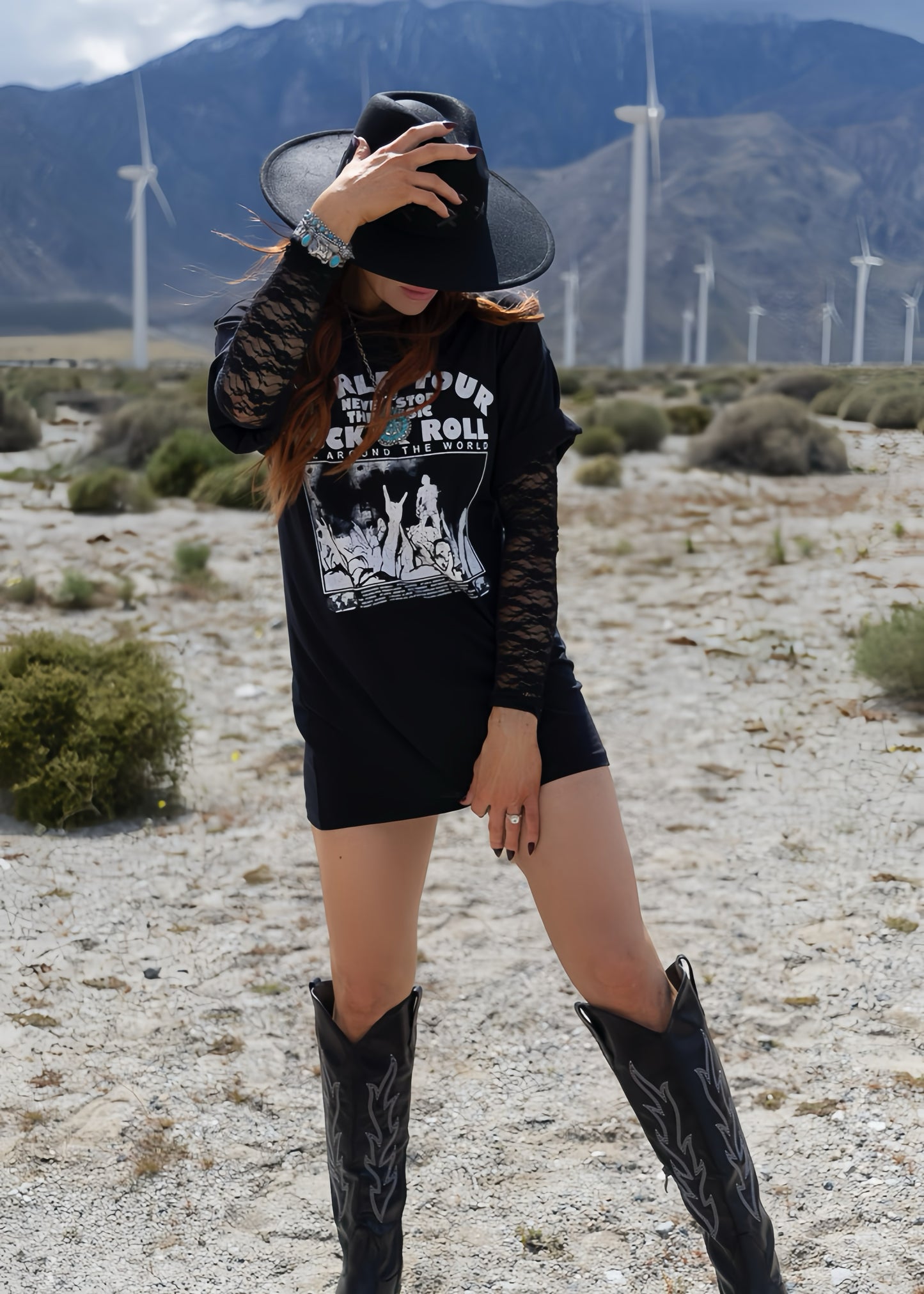 oversized t-shirt on model with rock and roll graphic