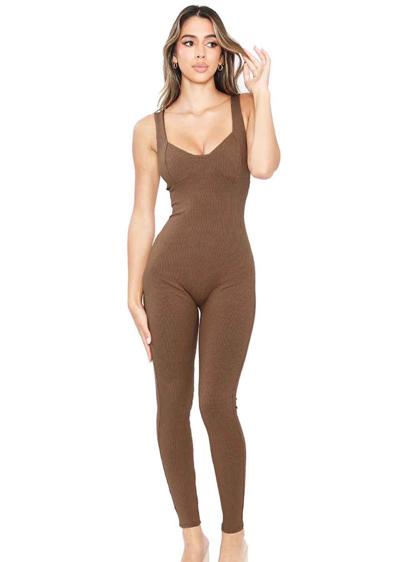Creating the Vibe Sleeveless Corset Jumpsuit in Brown