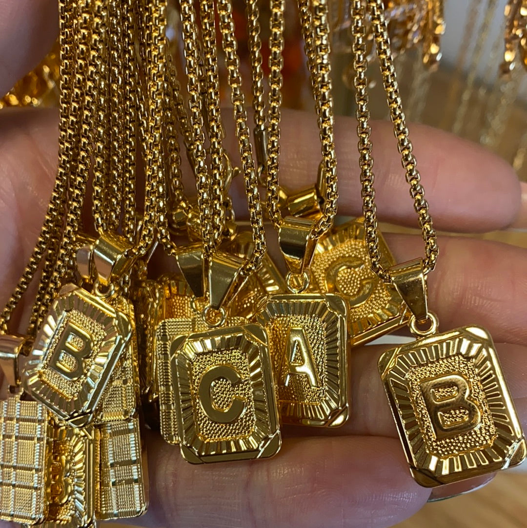 24K Gold Initial Plate Necklace with Chain