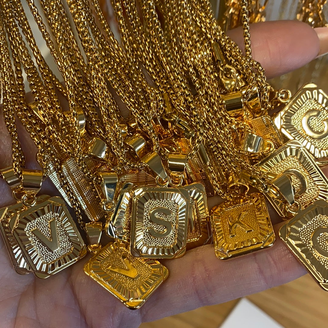 24K Gold Initial Plate Necklace with Chain