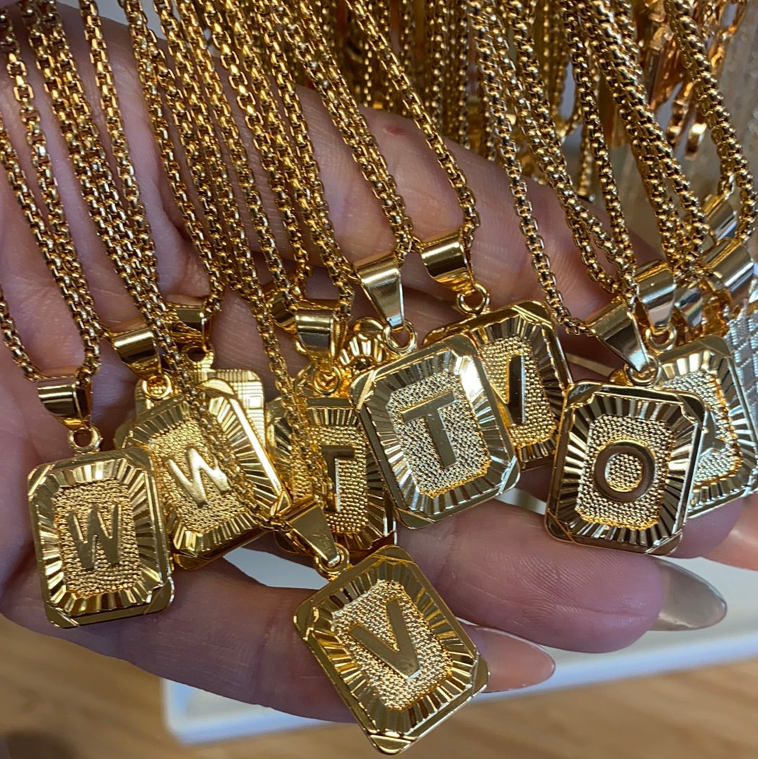 24K Gold Initial Plate Necklace with Chain