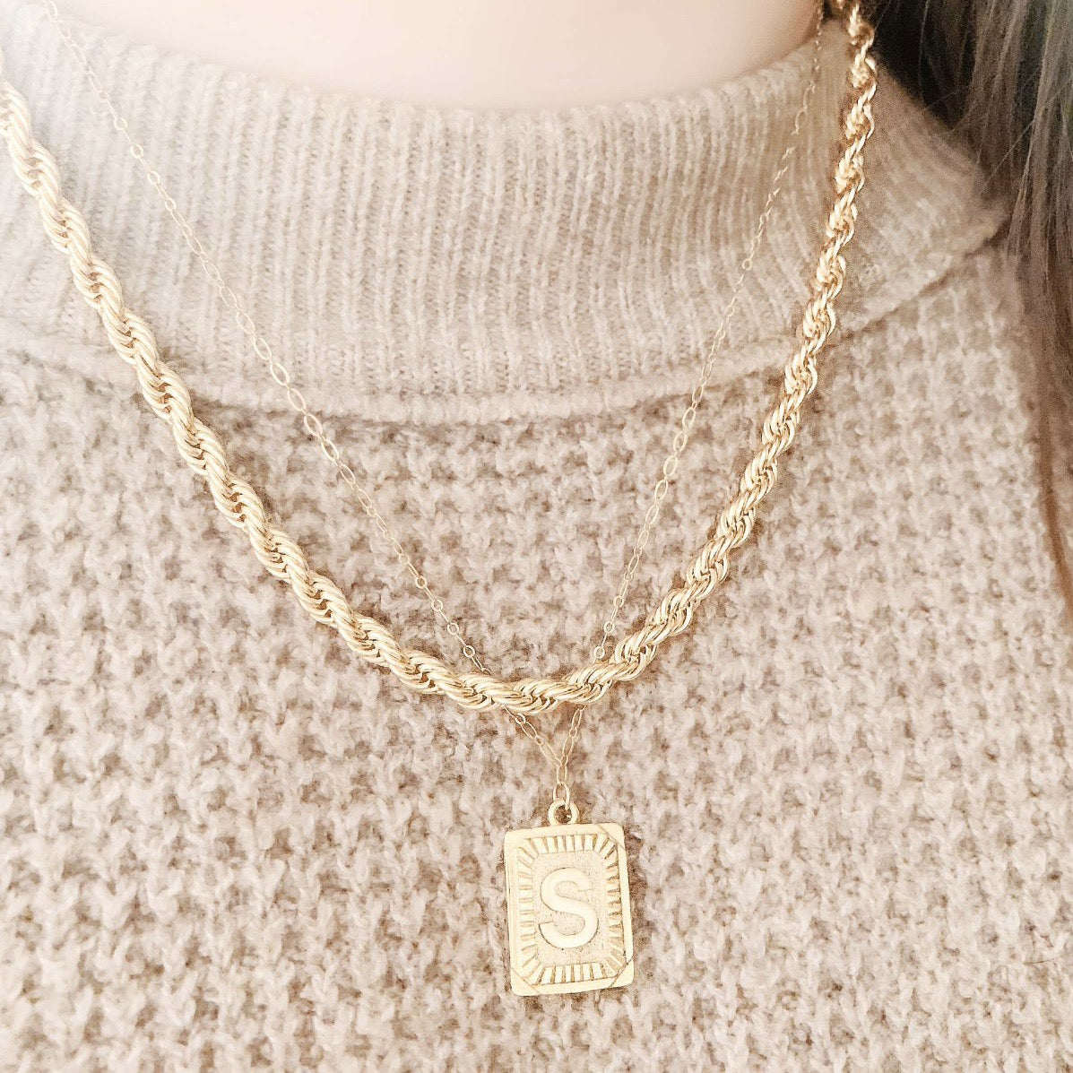 24K Gold Initial Plate Necklace with Chain