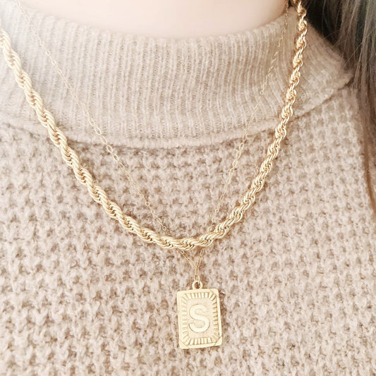 24K Gold Initial Plate Necklace with Chain