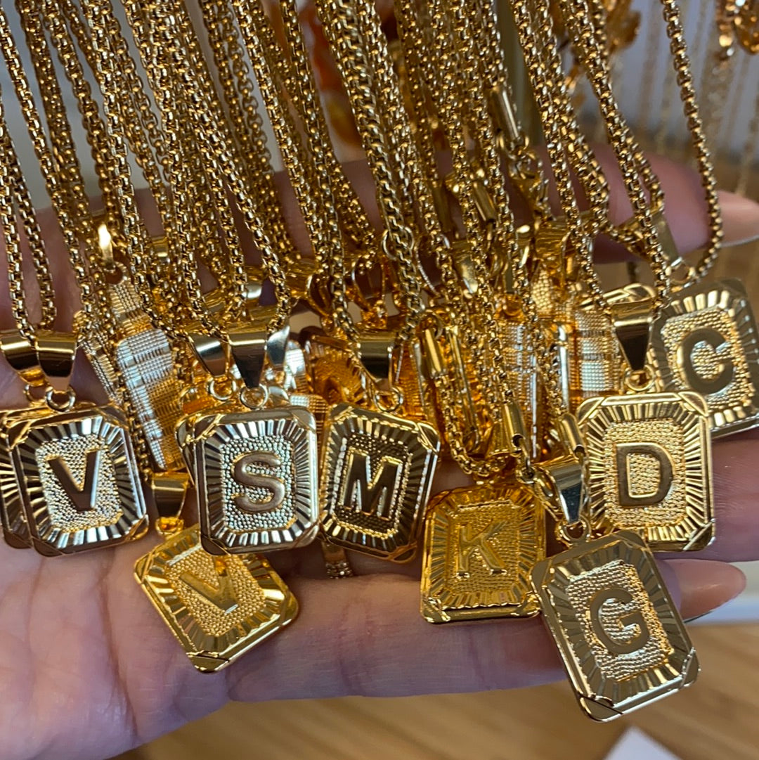 24K Gold Initial Plate Necklace with Chain