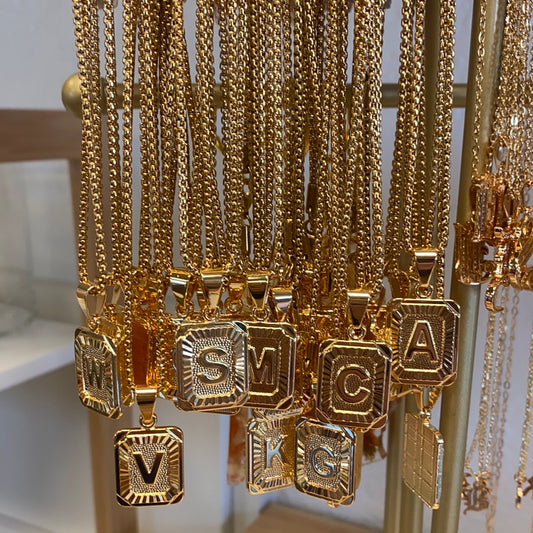 24K Gold Initial Plate Necklace with Chain